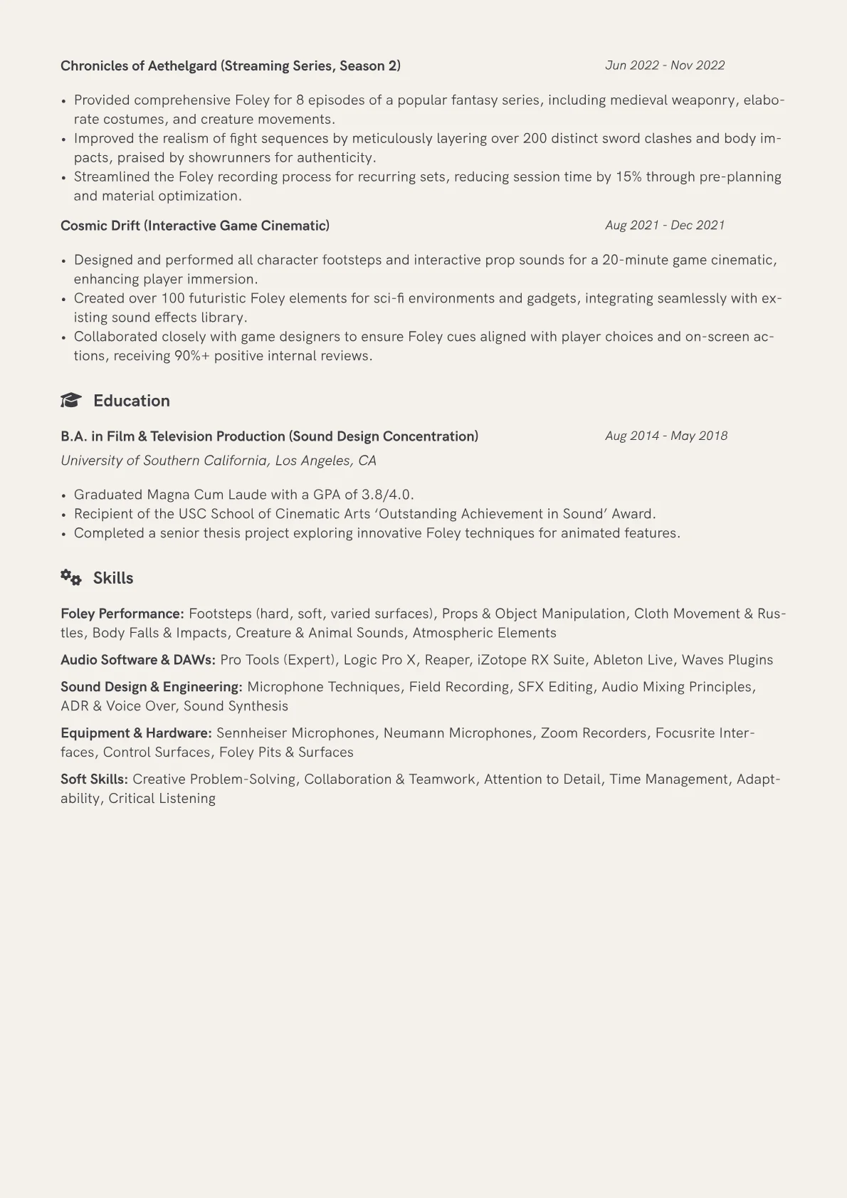 Foley Artist Resume Example CV template - Page 2