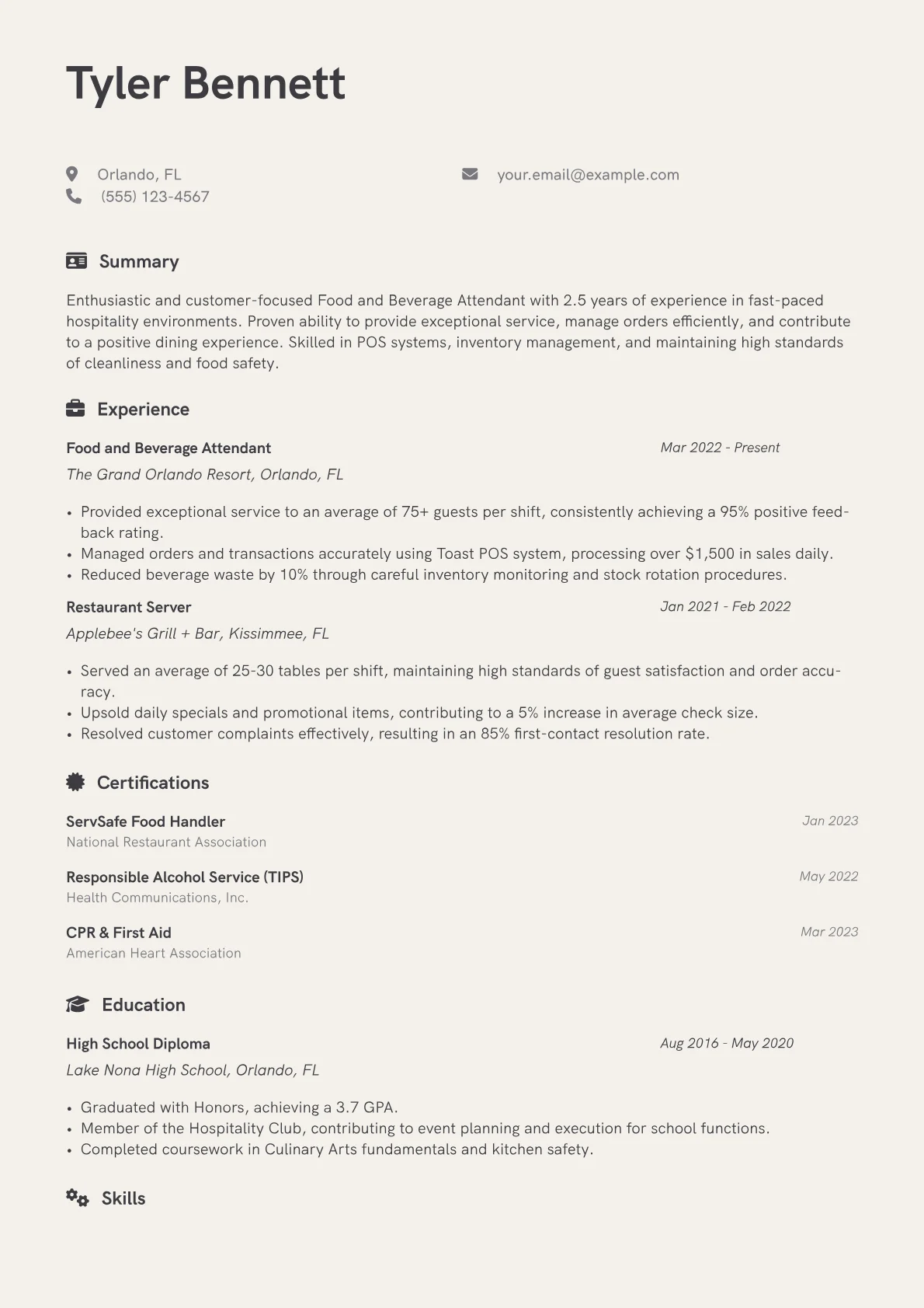 Food and Beverage Attendant Resume Example CV template - Page 1