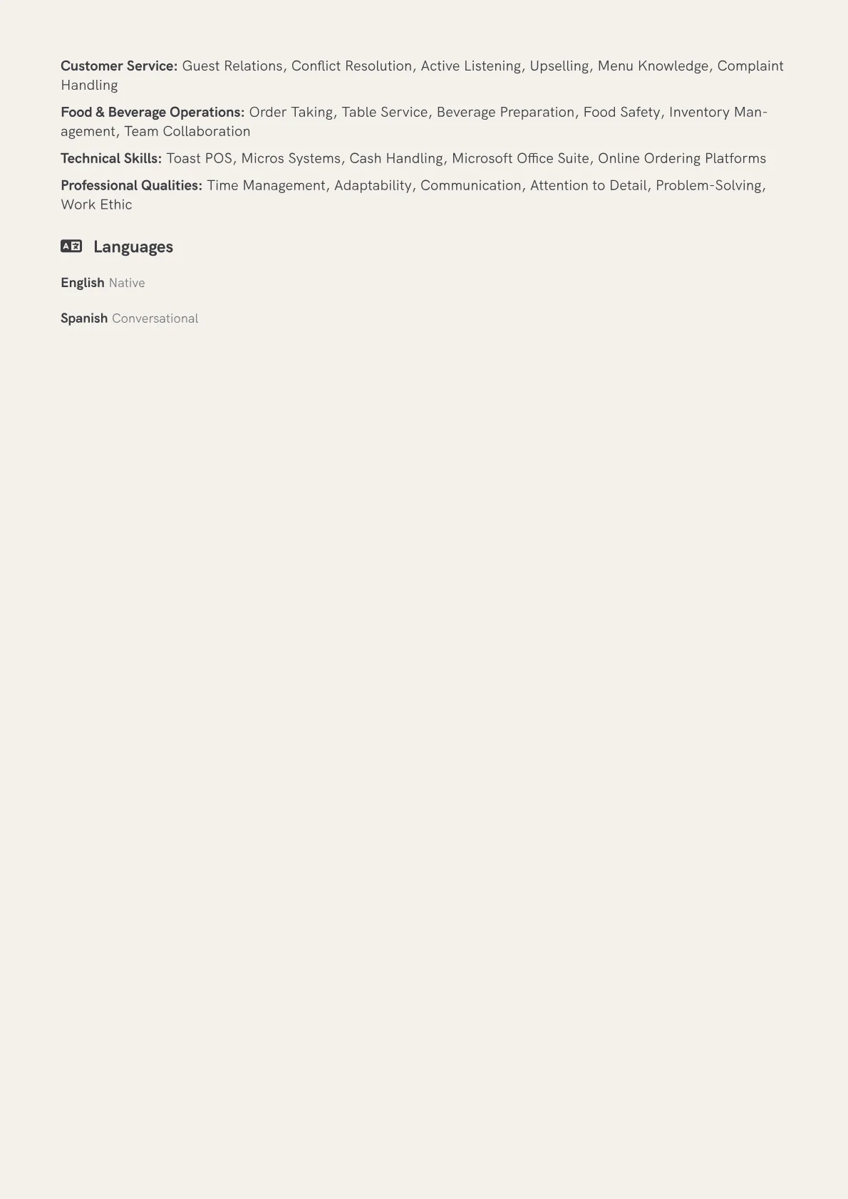 Food and Beverage Attendant Resume Example CV template - Page 2