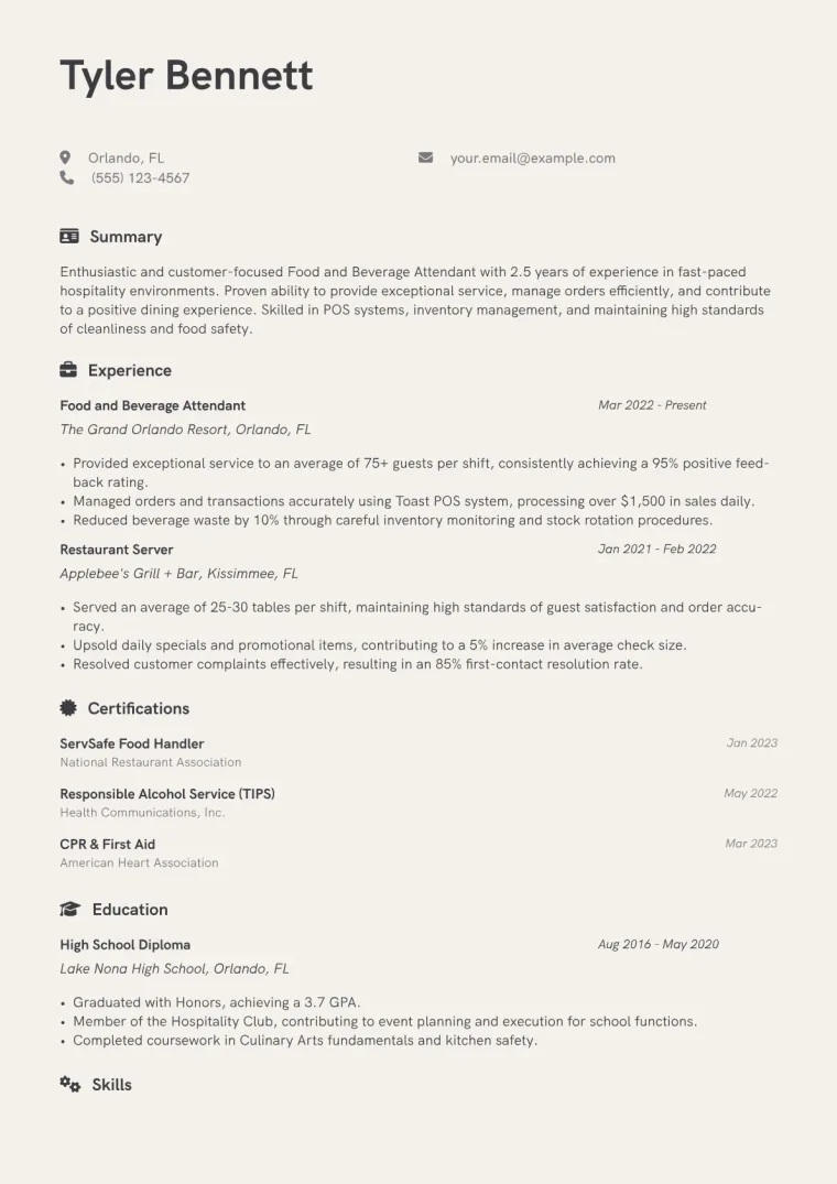 Food and Beverage Attendant Resume Example CV template preview