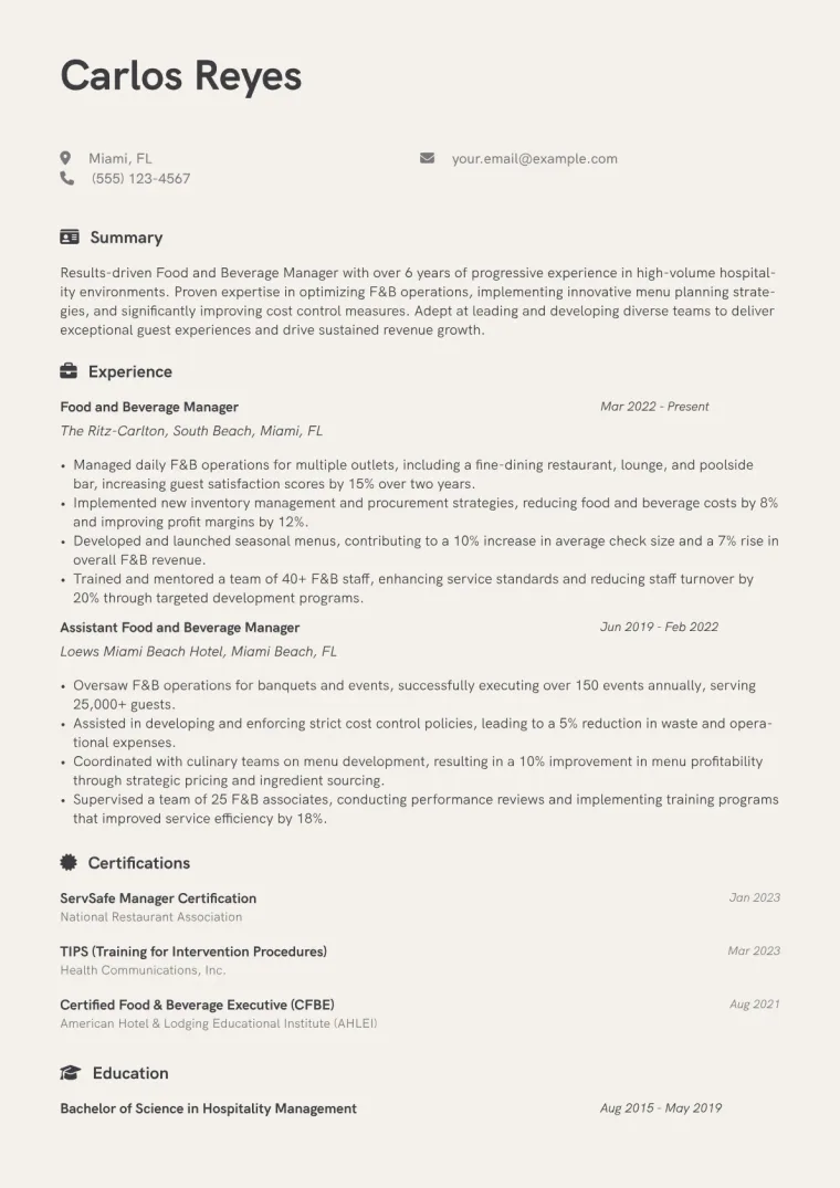 Food and Beverage Manager Resume Example