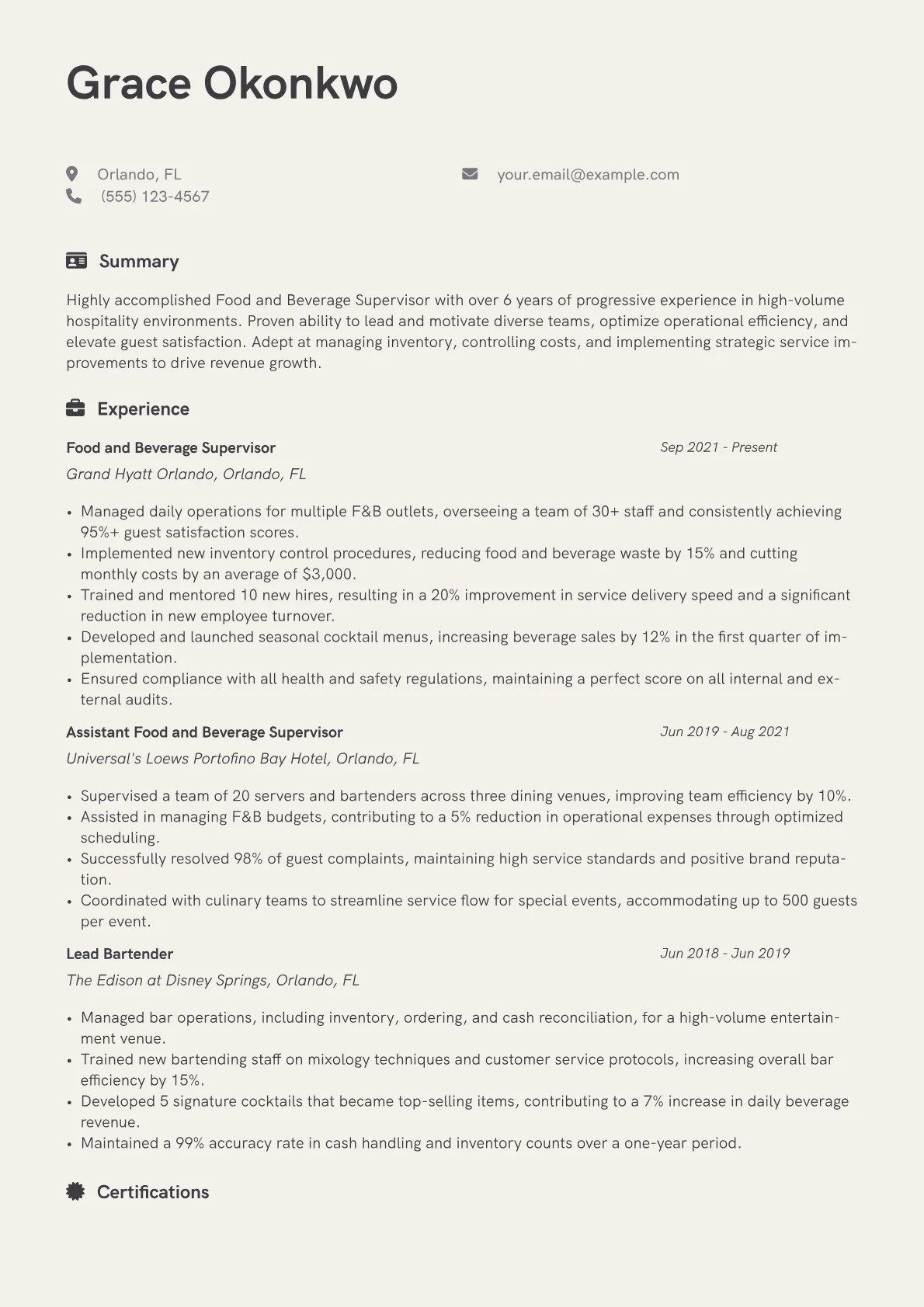 Food and Beverage Supervisor Resume Example CV template - Page 1