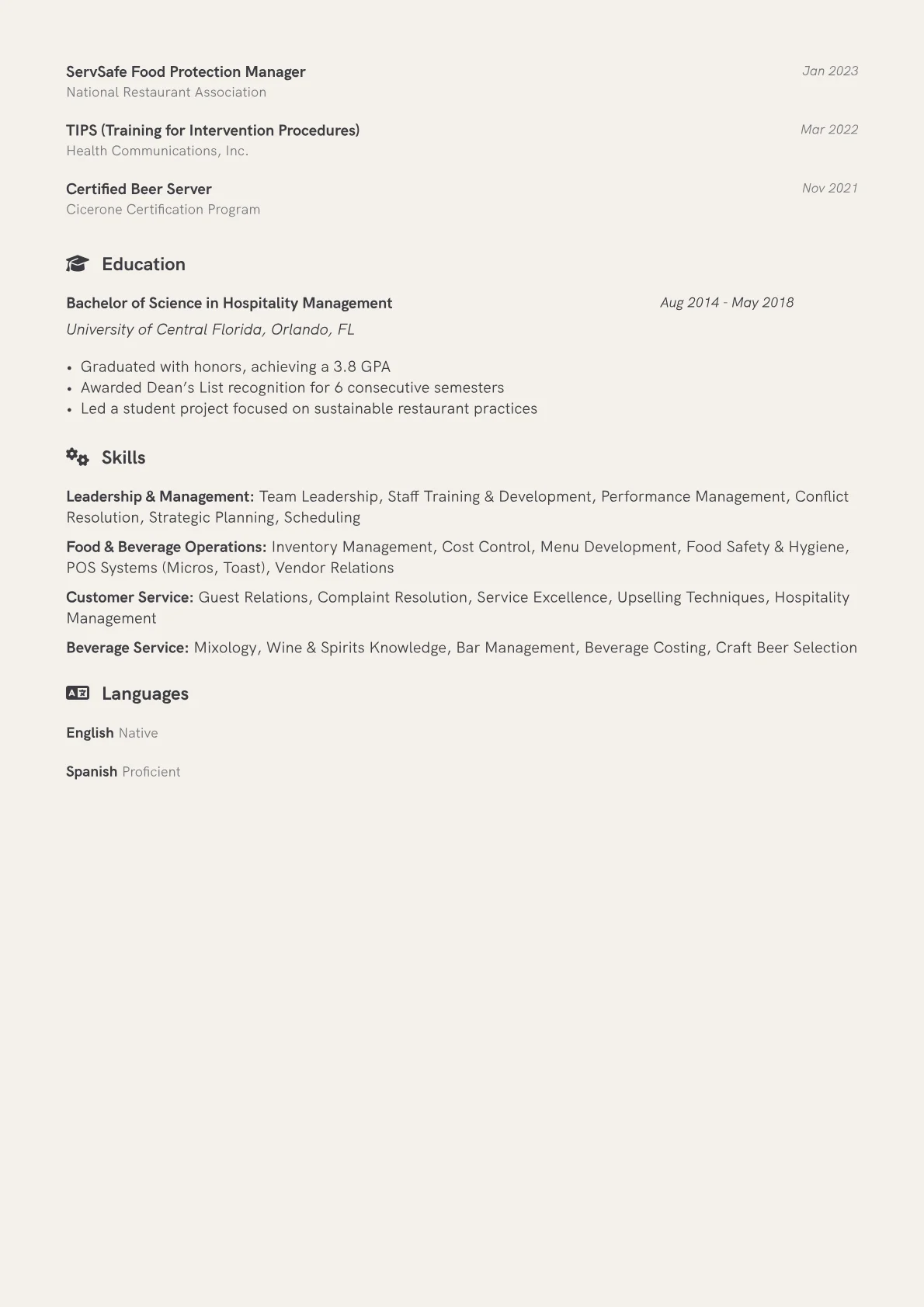 Food and Beverage Supervisor Resume Example CV template - Page 2