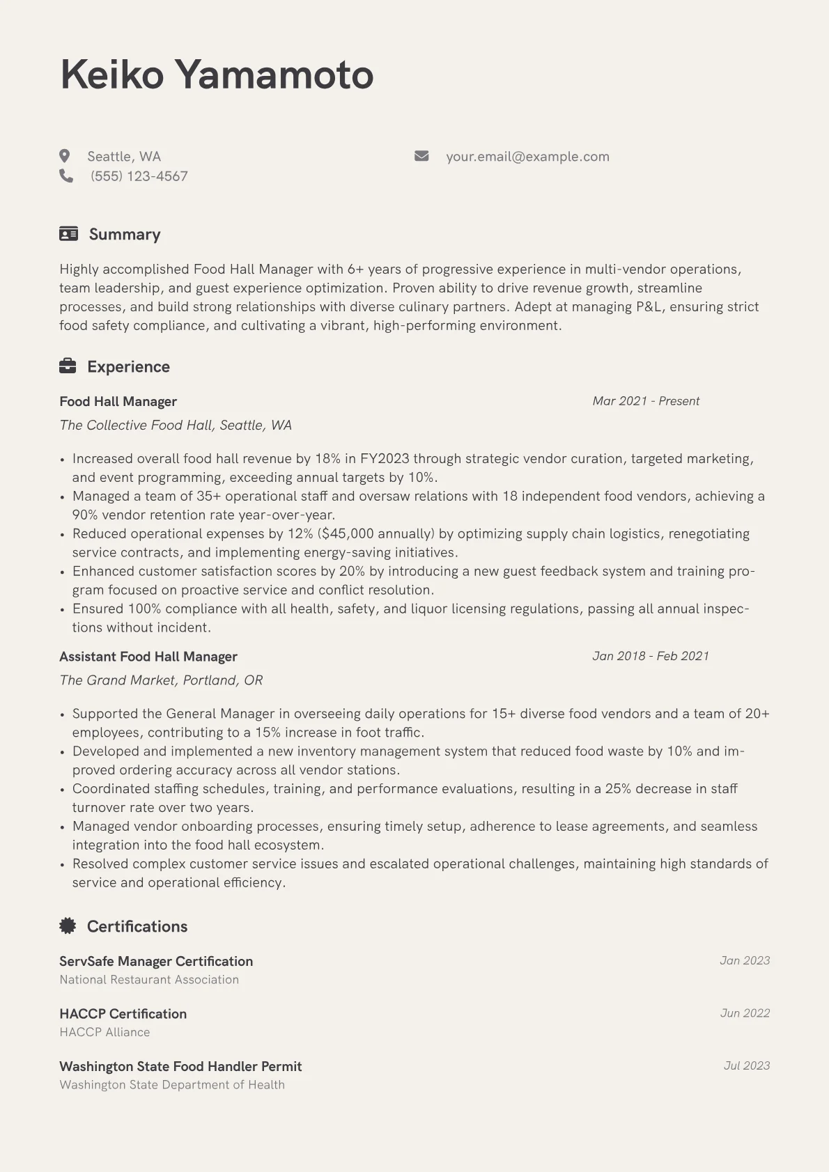 Food Hall Manager Resume Example CV template - Page 1