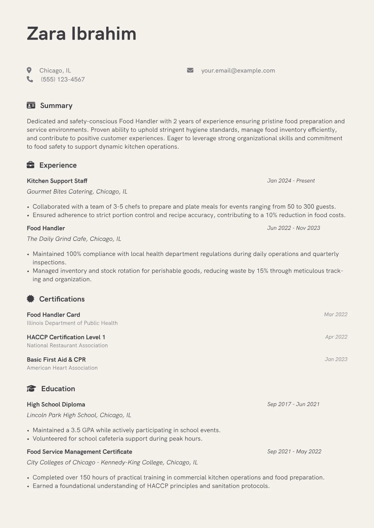 Food Handler Resume Example CV template - Page 1