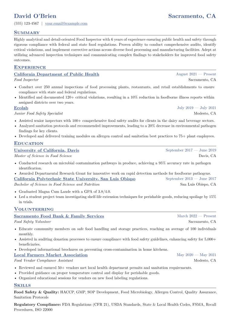 Food Inspector Resume Example CV template preview