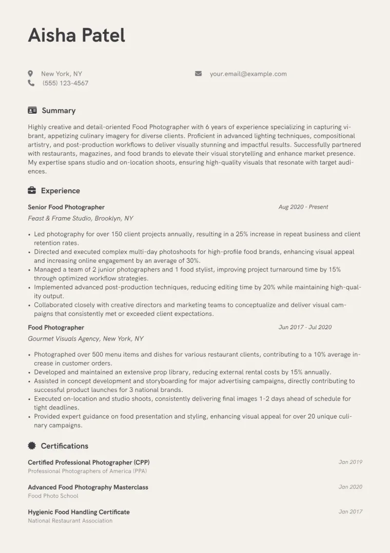 Food Photographer Resume Example CV template preview