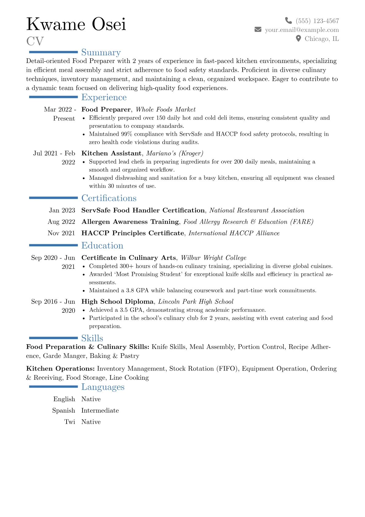 Food Preparer Resume Example CV template - Page 1