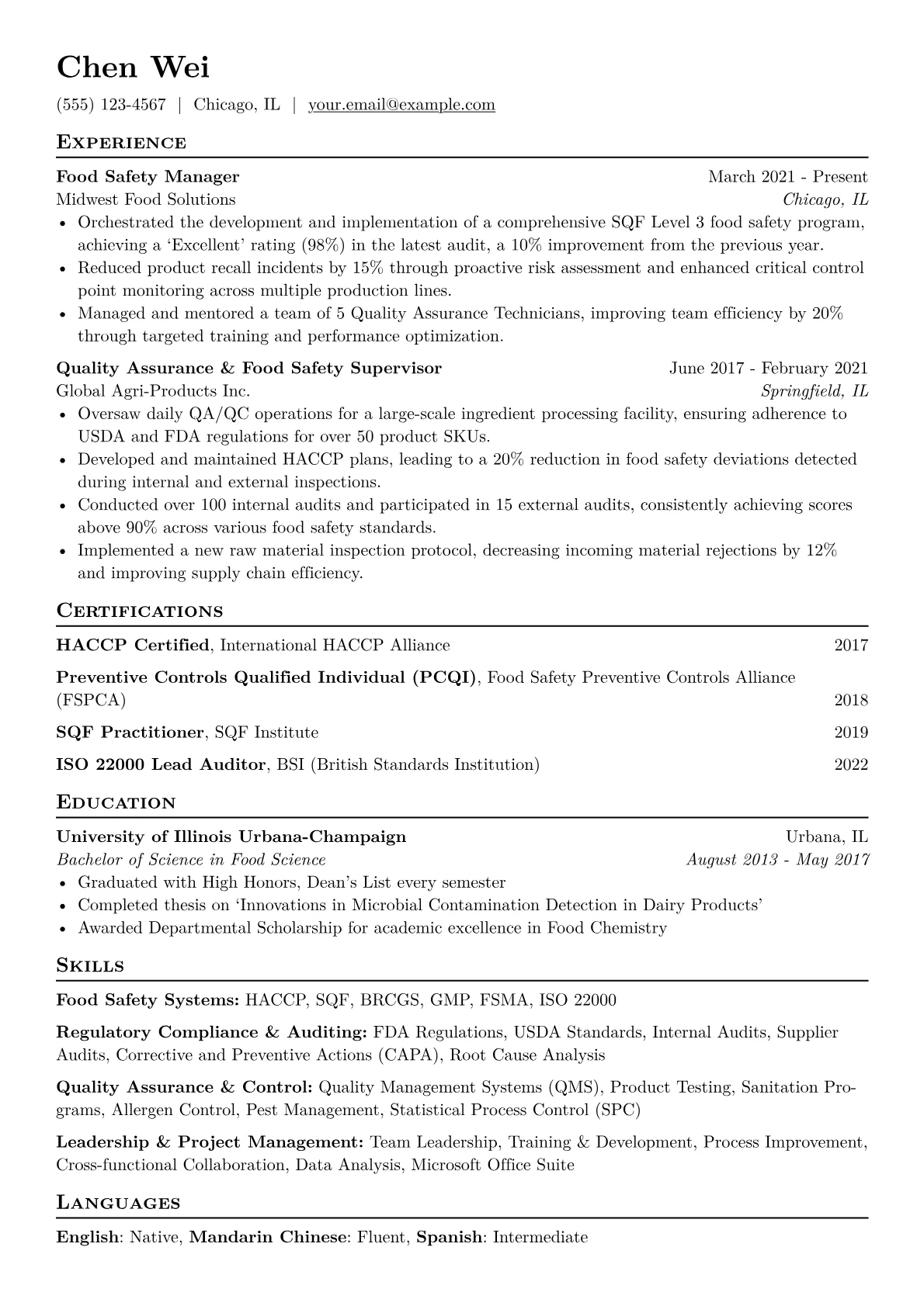 Food Safety Manager Resume Example CV template - Page 1