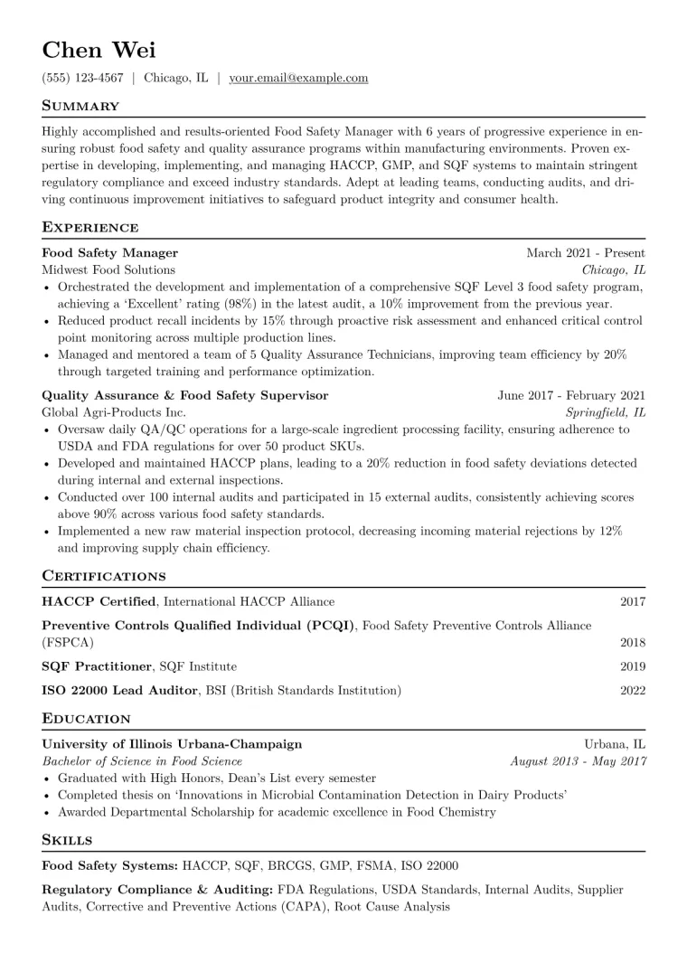 Food Safety Manager Resume Example CV template preview