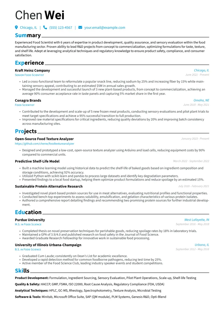 Food Scientist Resume Example CV template preview