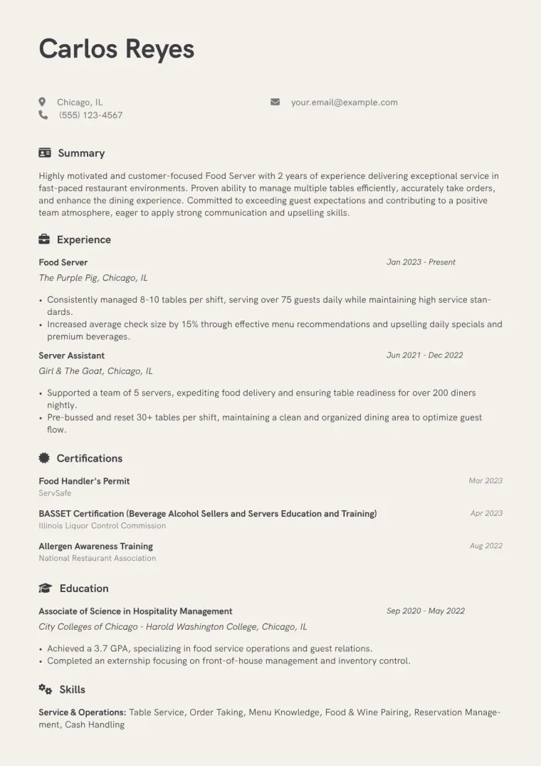 Food Server Resume Example CV template preview
