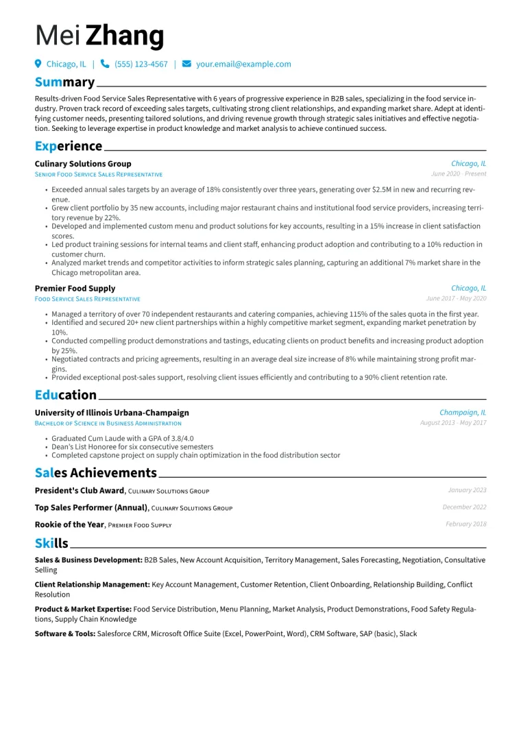 Food Service Sales Representative Resume Example CV template preview