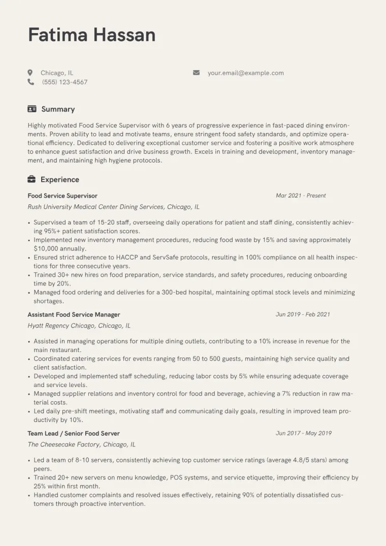 Food Service Supervisor Resume Example CV template preview