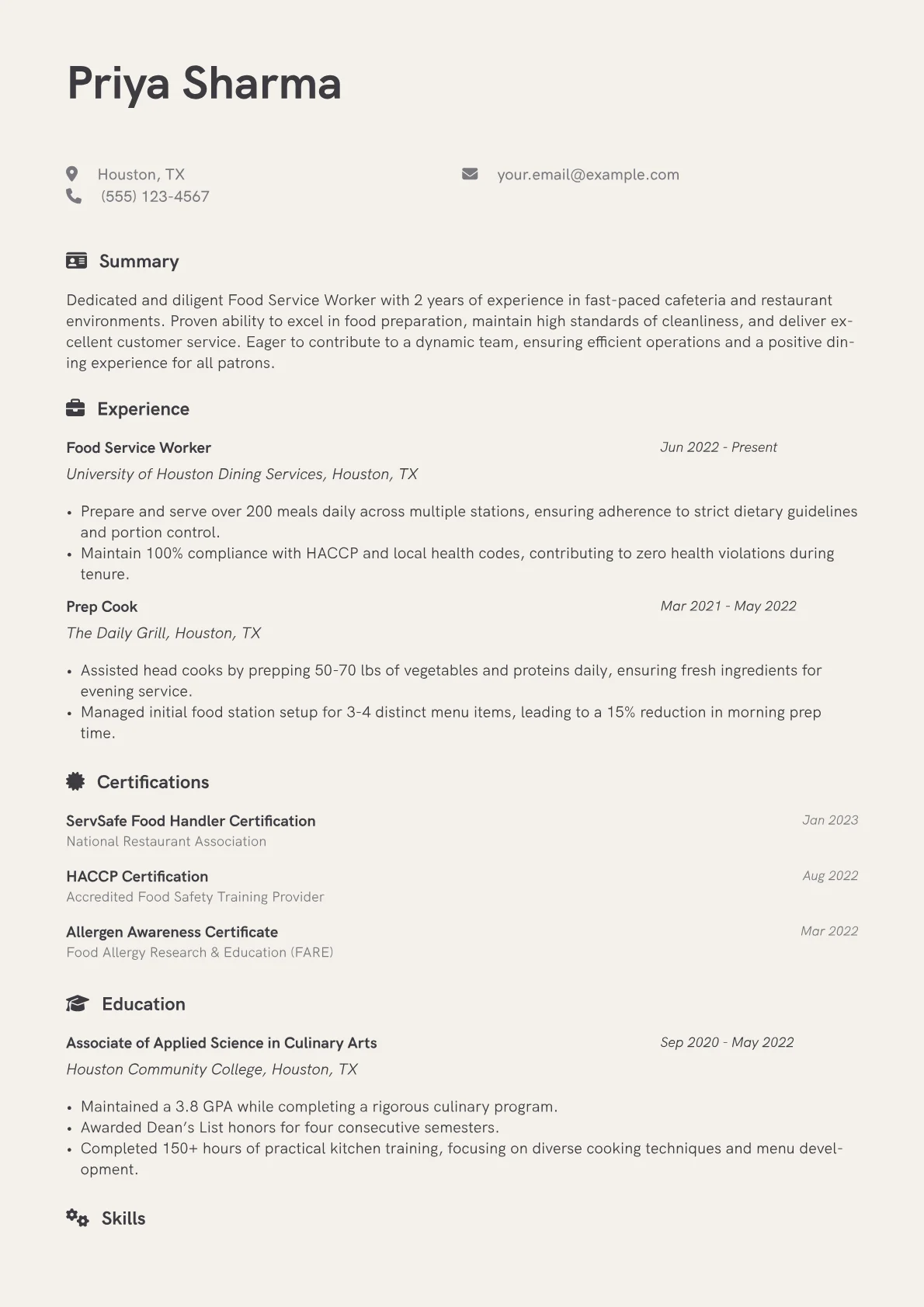 Food Service Worker Resume Example CV template - Page 1