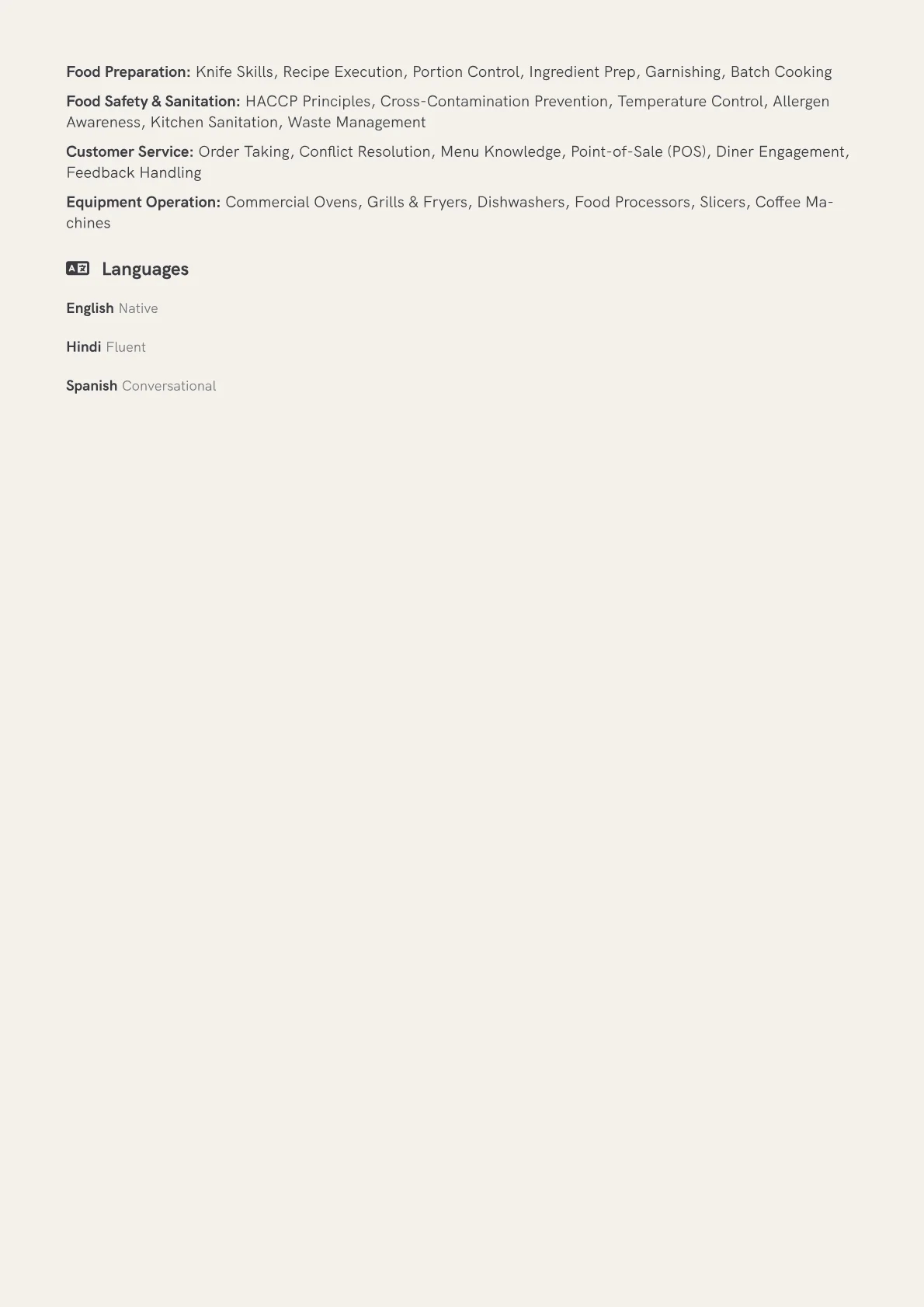 Food Service Worker Resume Example CV template - Page 2