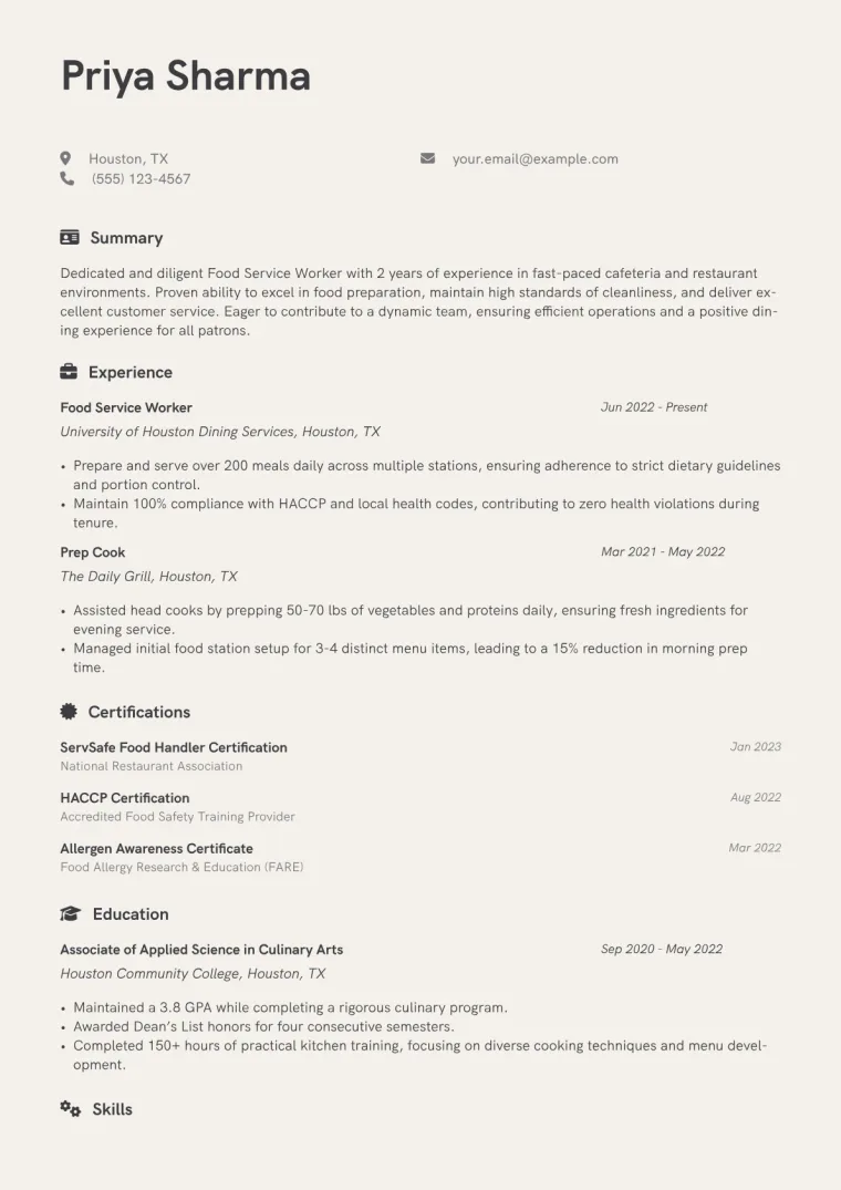 Food Service Worker Resume Example CV template preview
