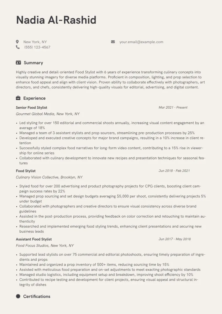Food Stylist Resume Example CV template preview