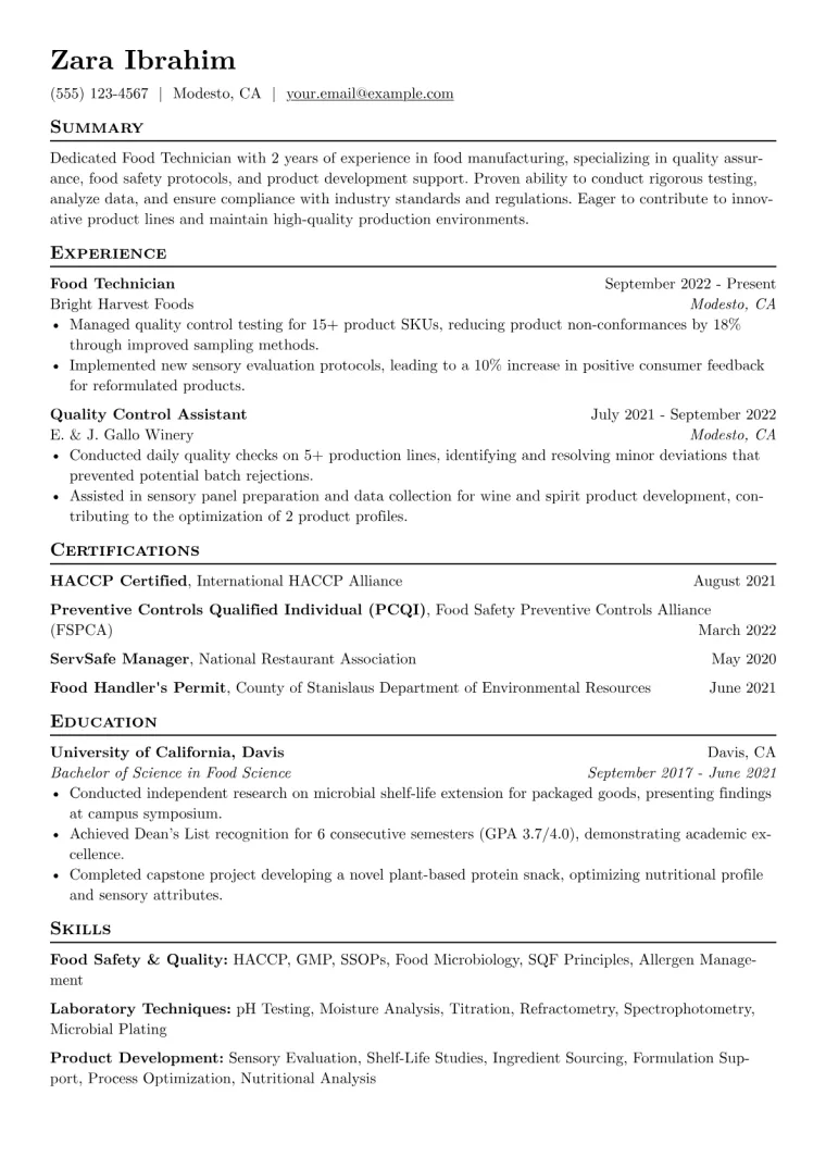 Food Technician Resume Example CV template preview