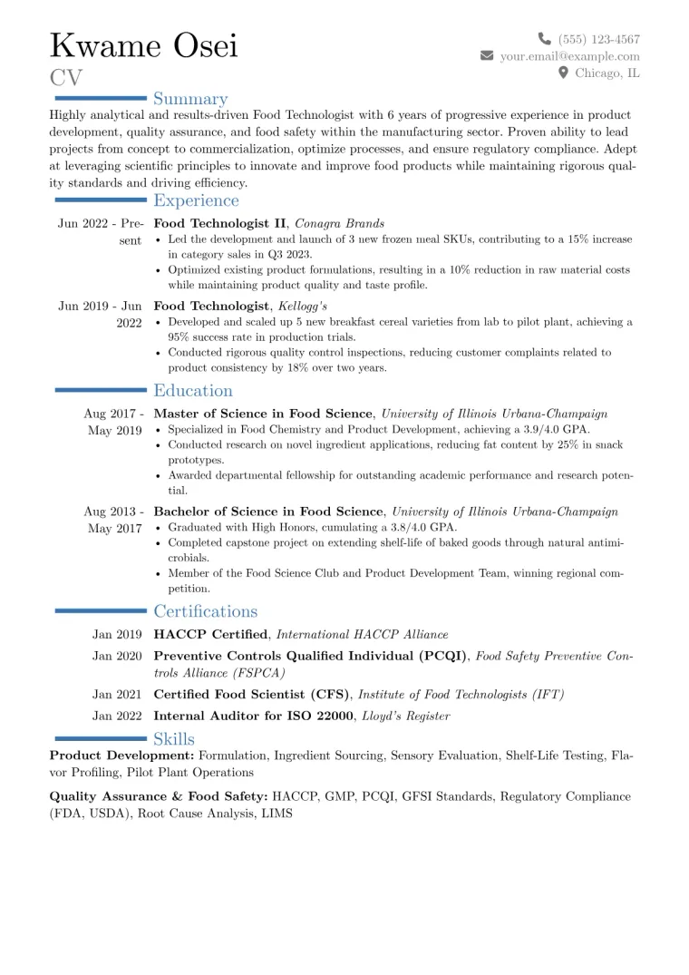 Food Technologist Resume Example CV template preview