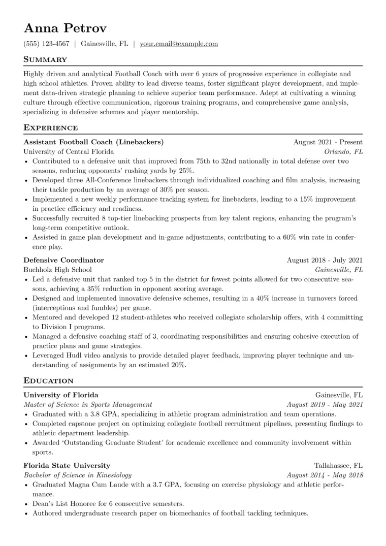 Football Coach Resume Example CV template preview