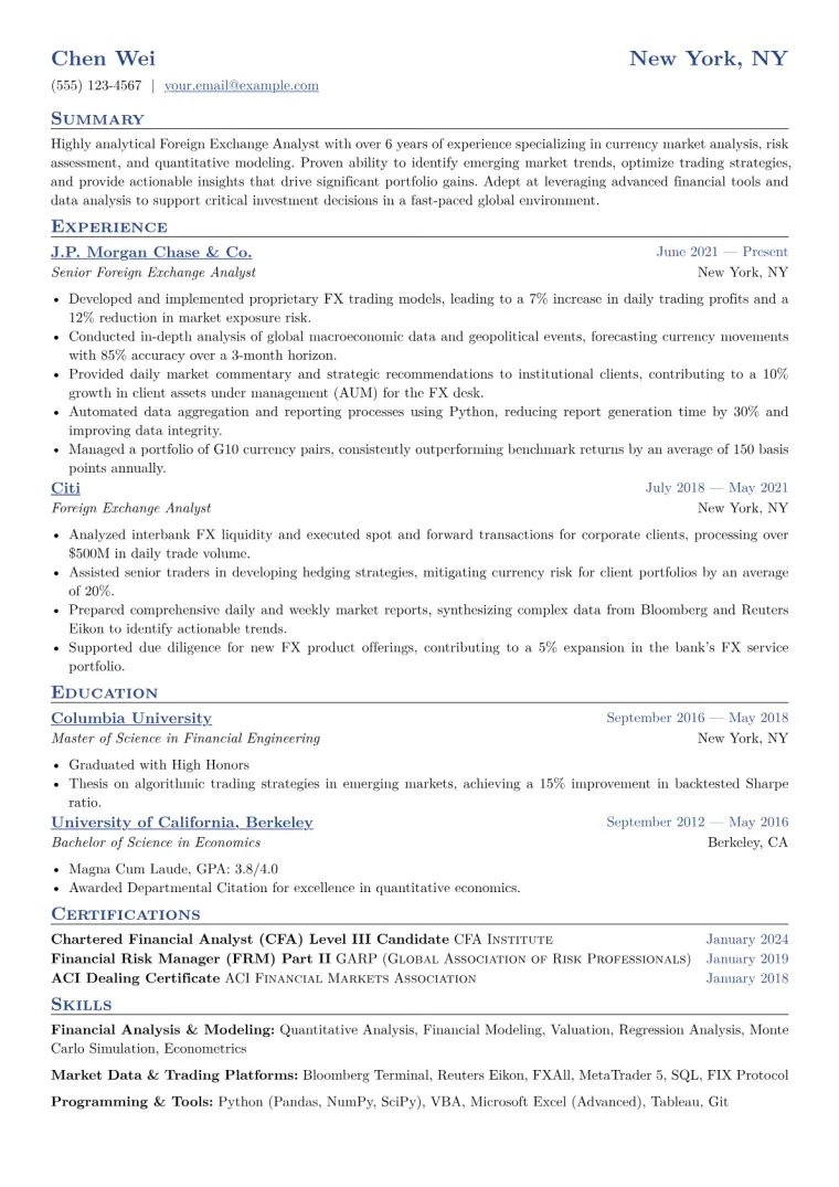 Foreign Exchange Analyst Resume Example CV template preview