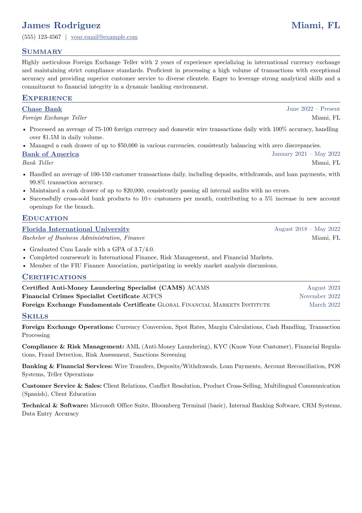 Foreign Exchange Teller Resume Example CV template - Page 1