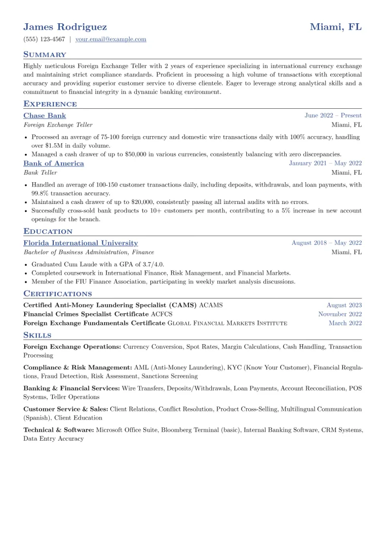 Foreign Exchange Teller Resume Example CV template preview