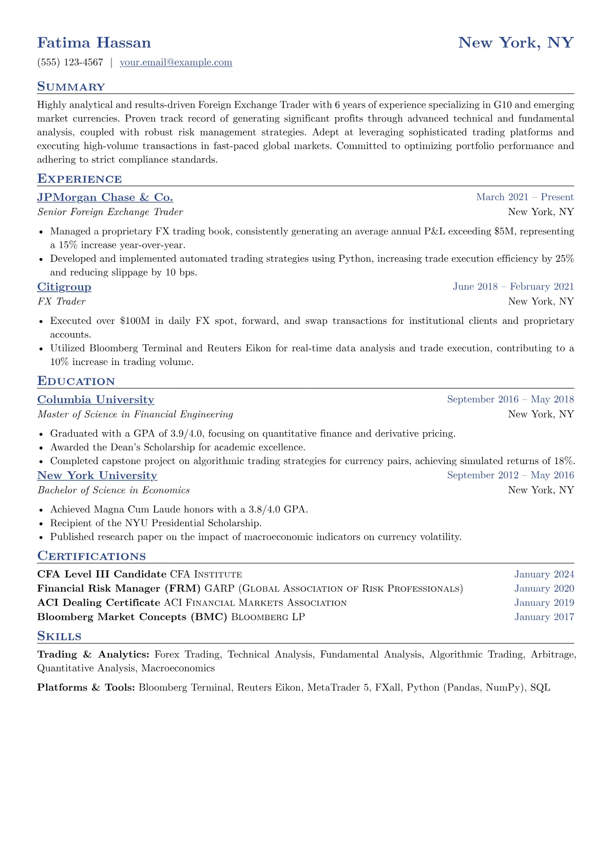 Foreign Exchange Trader Resume Example CV template - Page 1