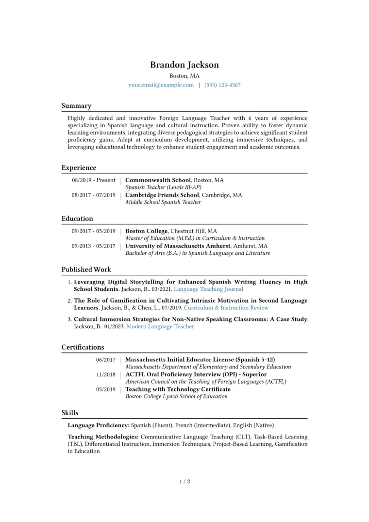 Foreign Language Teacher Resume Example CV template preview