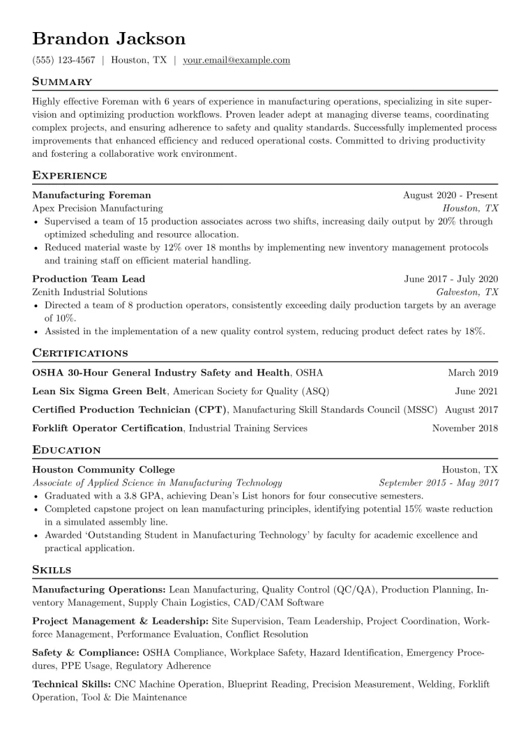 Foreman Resume Example CV template preview
