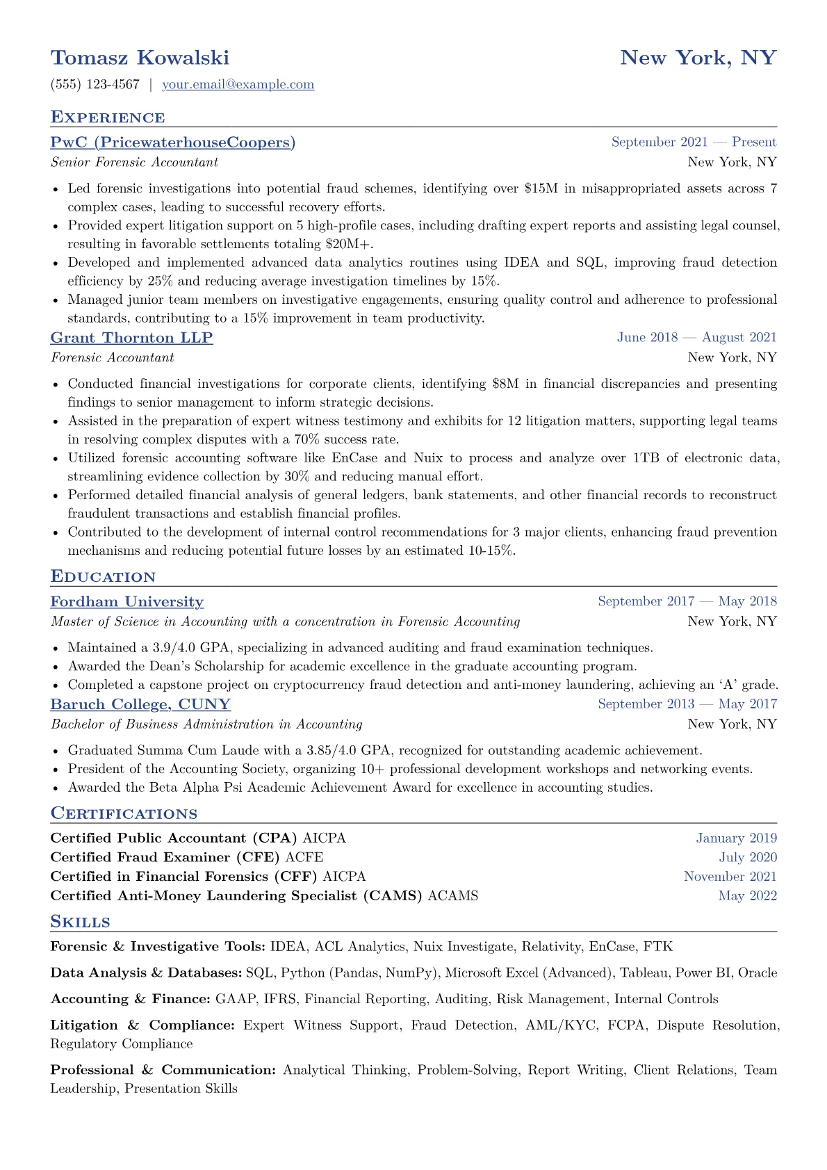 Forensic Accountant Resume Example CV template - Page 1
