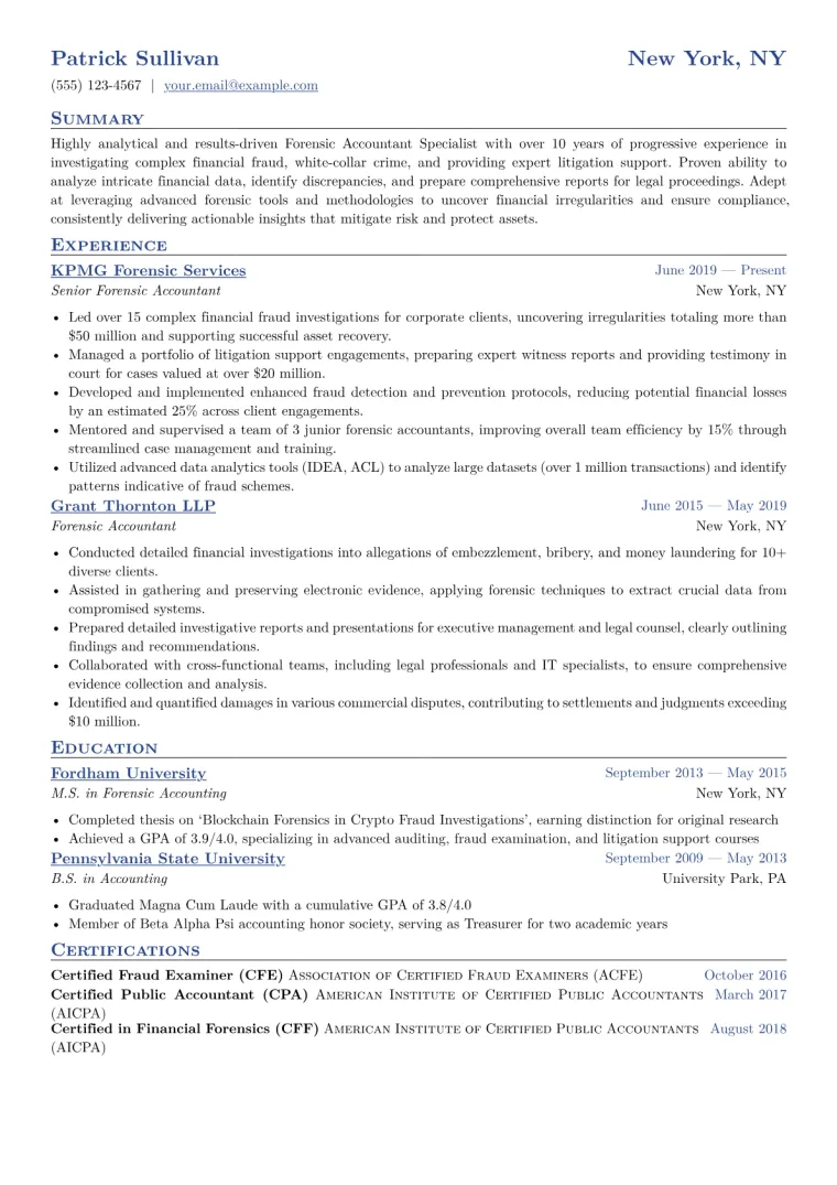 Forensic Accountant Specialist Resume Example CV template preview
