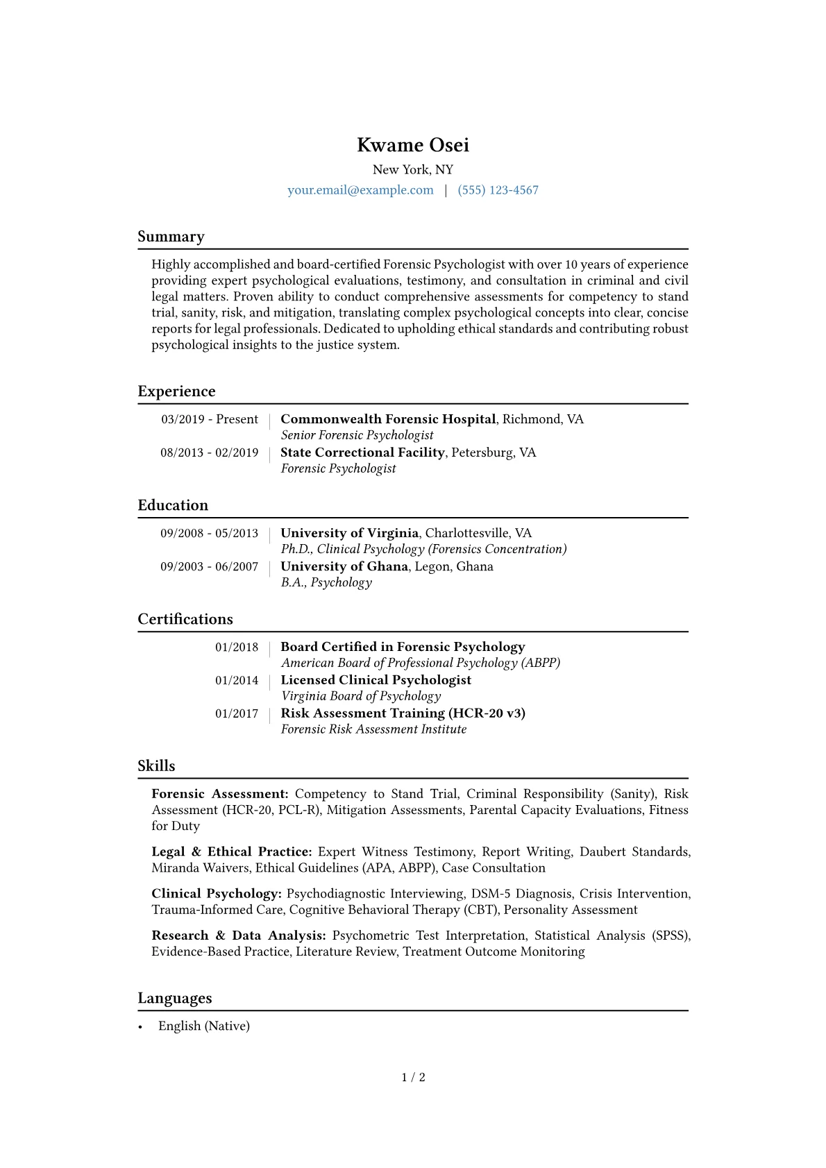 Forensic Psychologist Resume Example CV template - Page 1