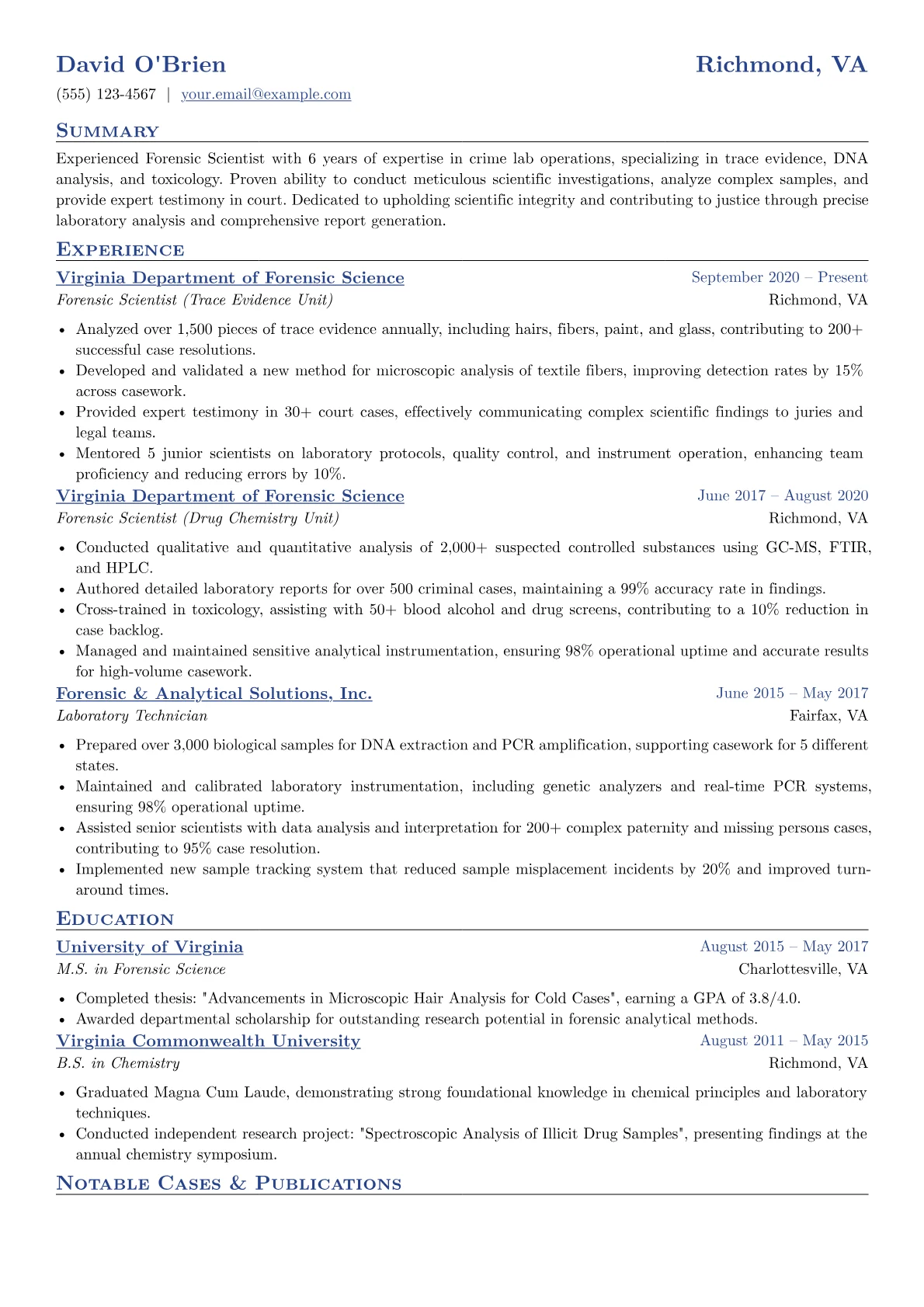 Forensic Scientist Resume Example CV template - Page 1