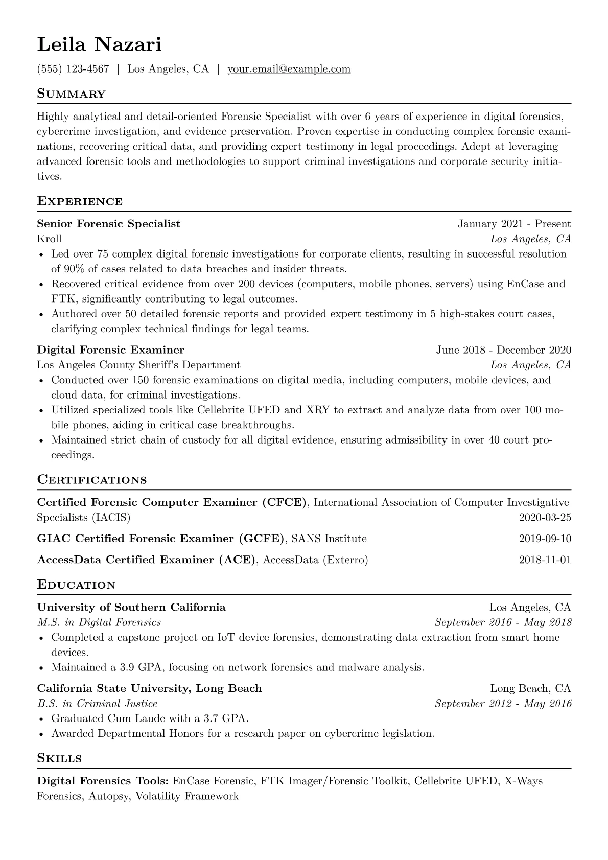 Forensic Specialist Resume Example CV template - Page 1