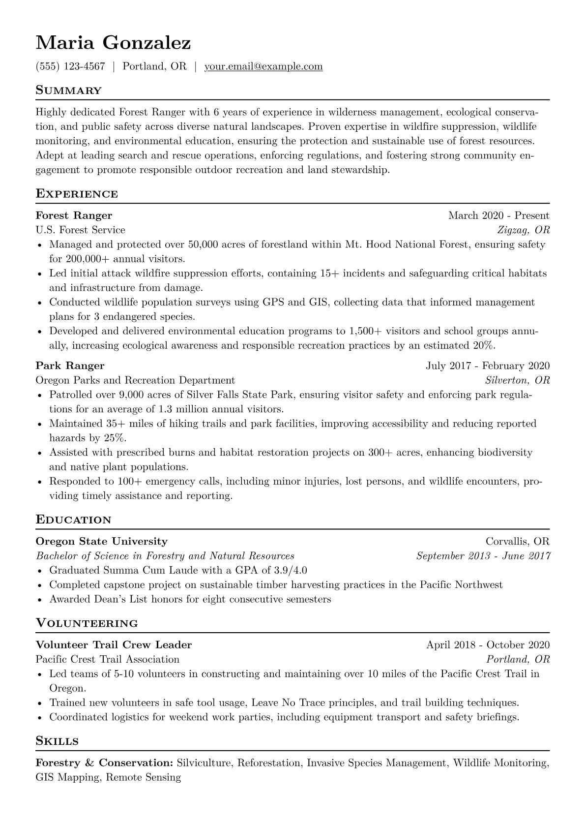 Forest Ranger Resume Example CV template - Page 1
