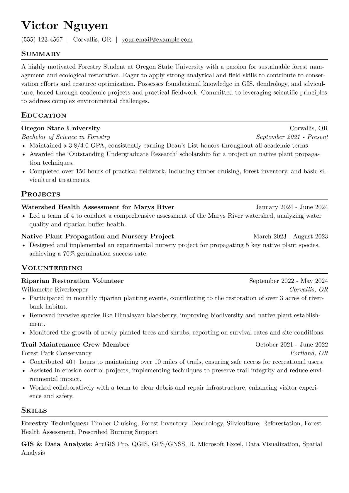 Forestry Student Resume Example CV template - Page 1