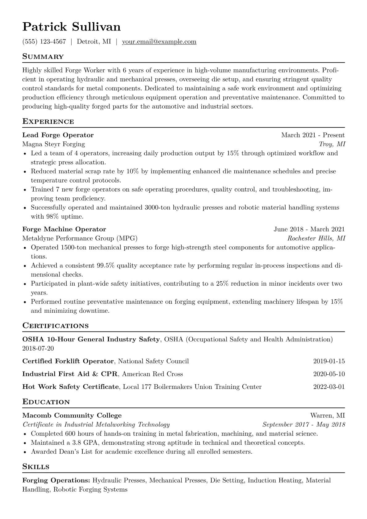 Forge Worker Resume Example CV template - Page 1