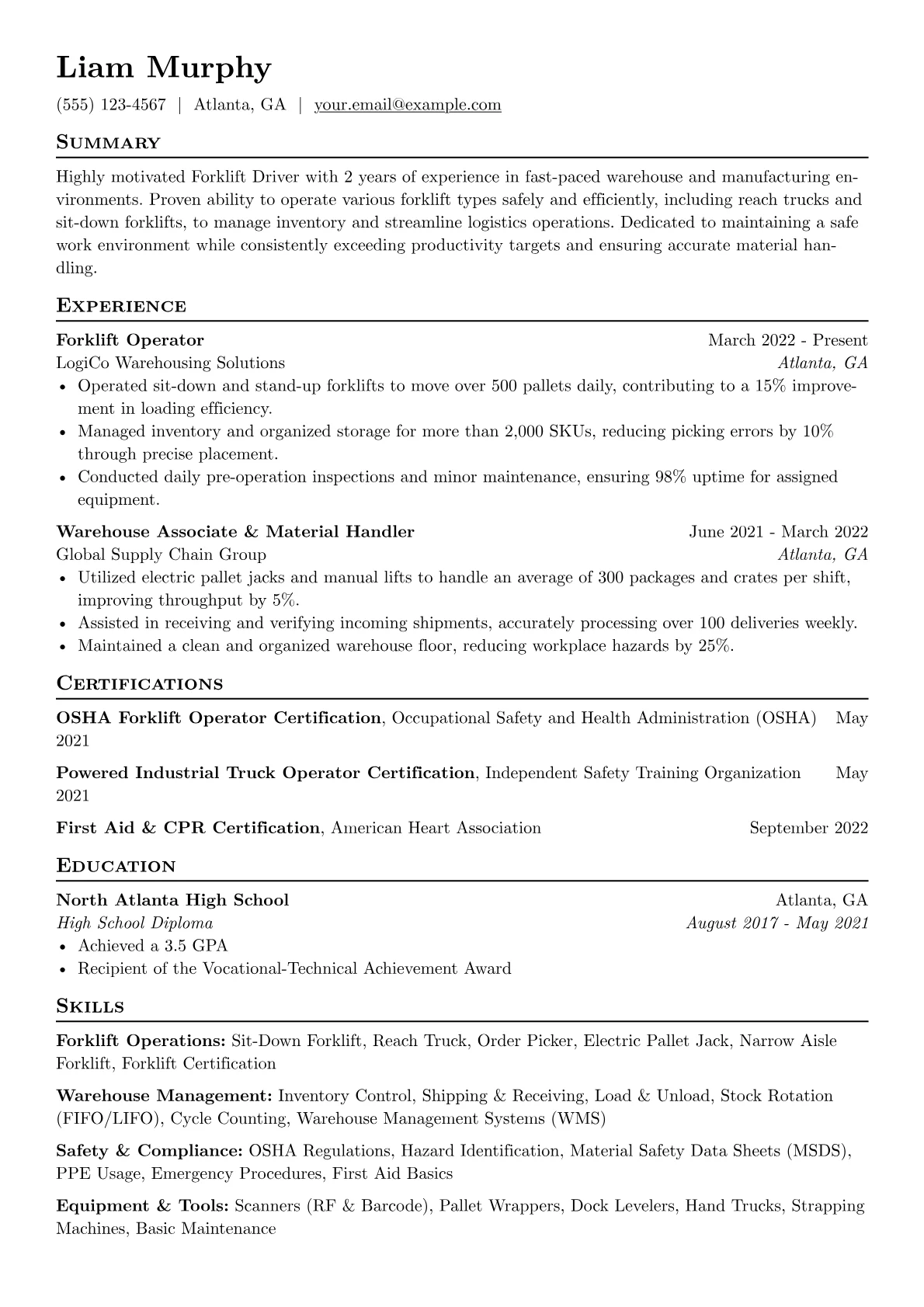 Forklift Driver Resume Example CV template - Page 1
