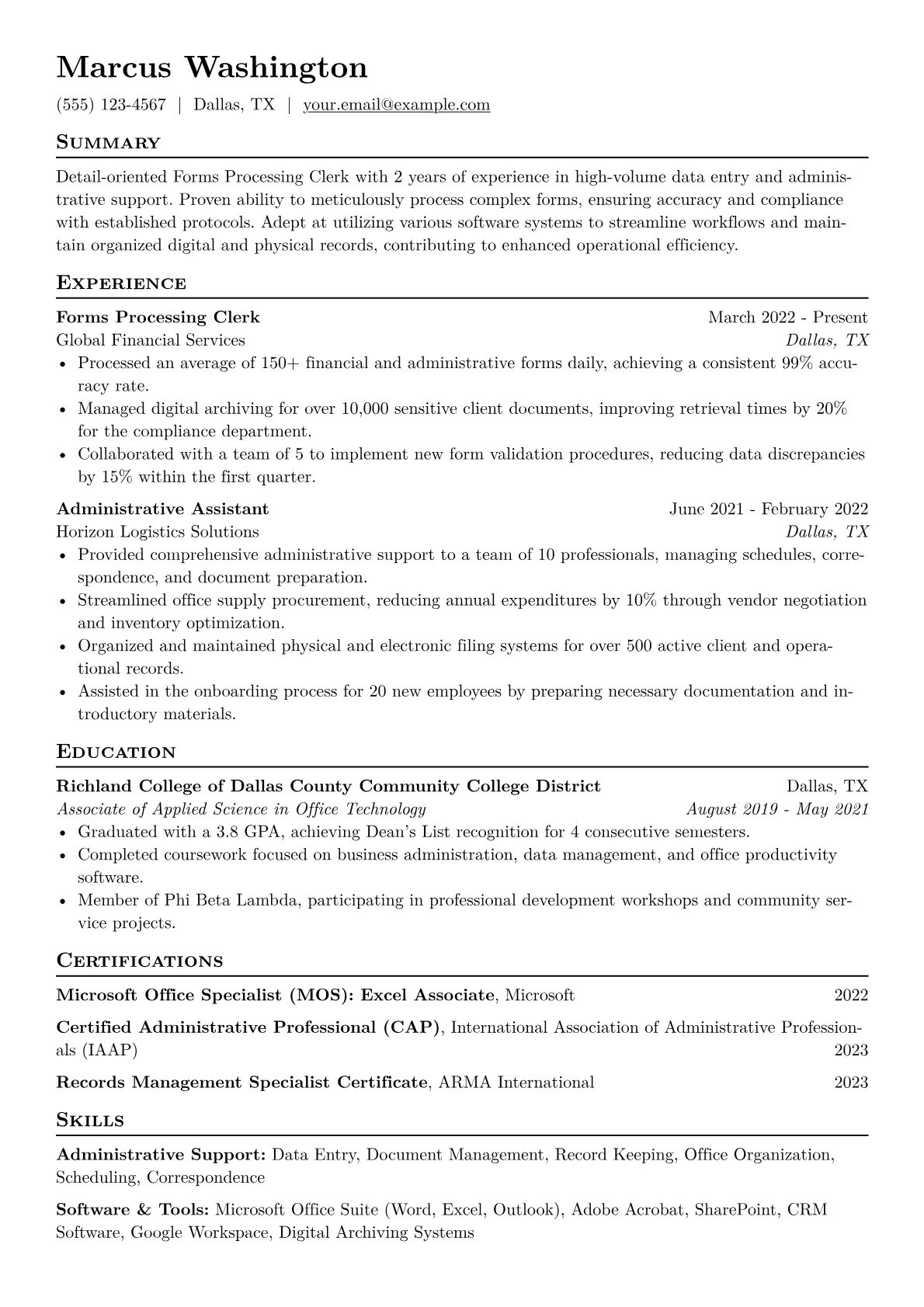 Forms Processing Clerk Resume Example CV template - Page 1