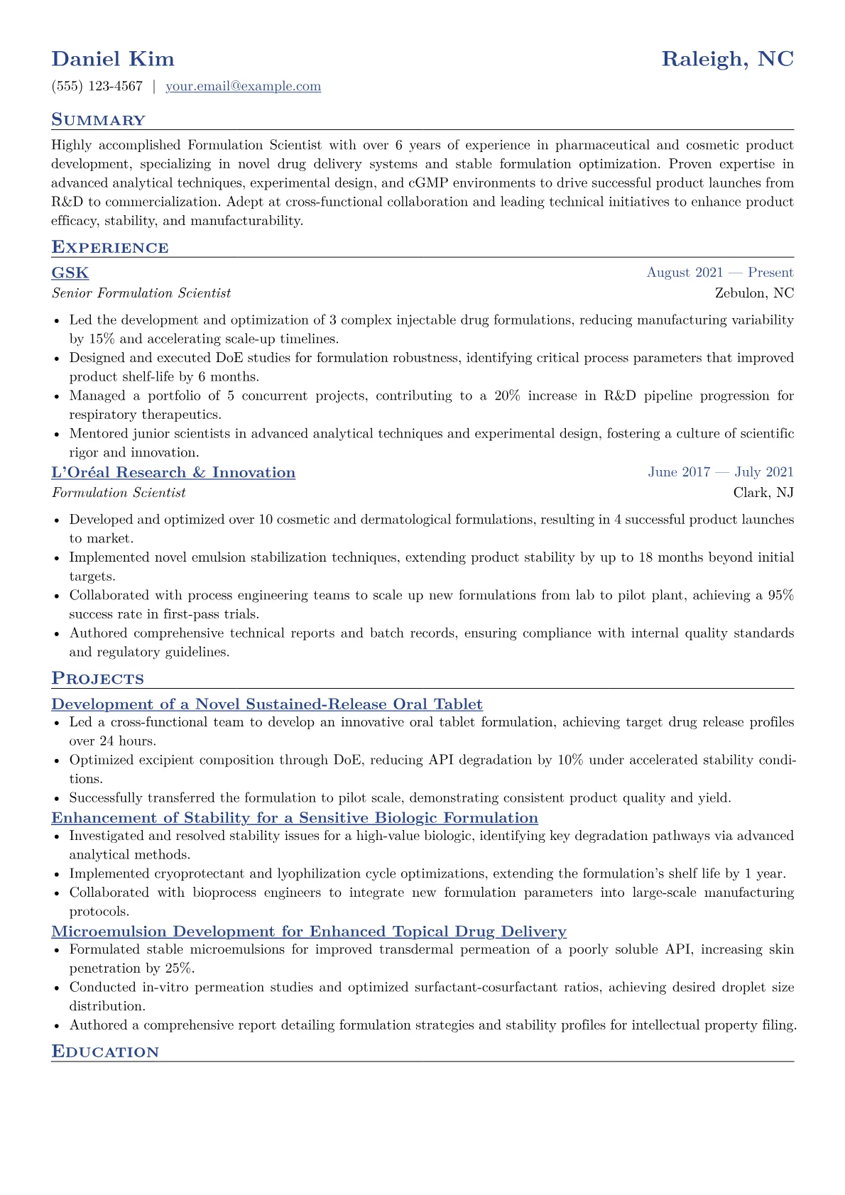 Formulation Scientist Resume Example CV template - Page 1