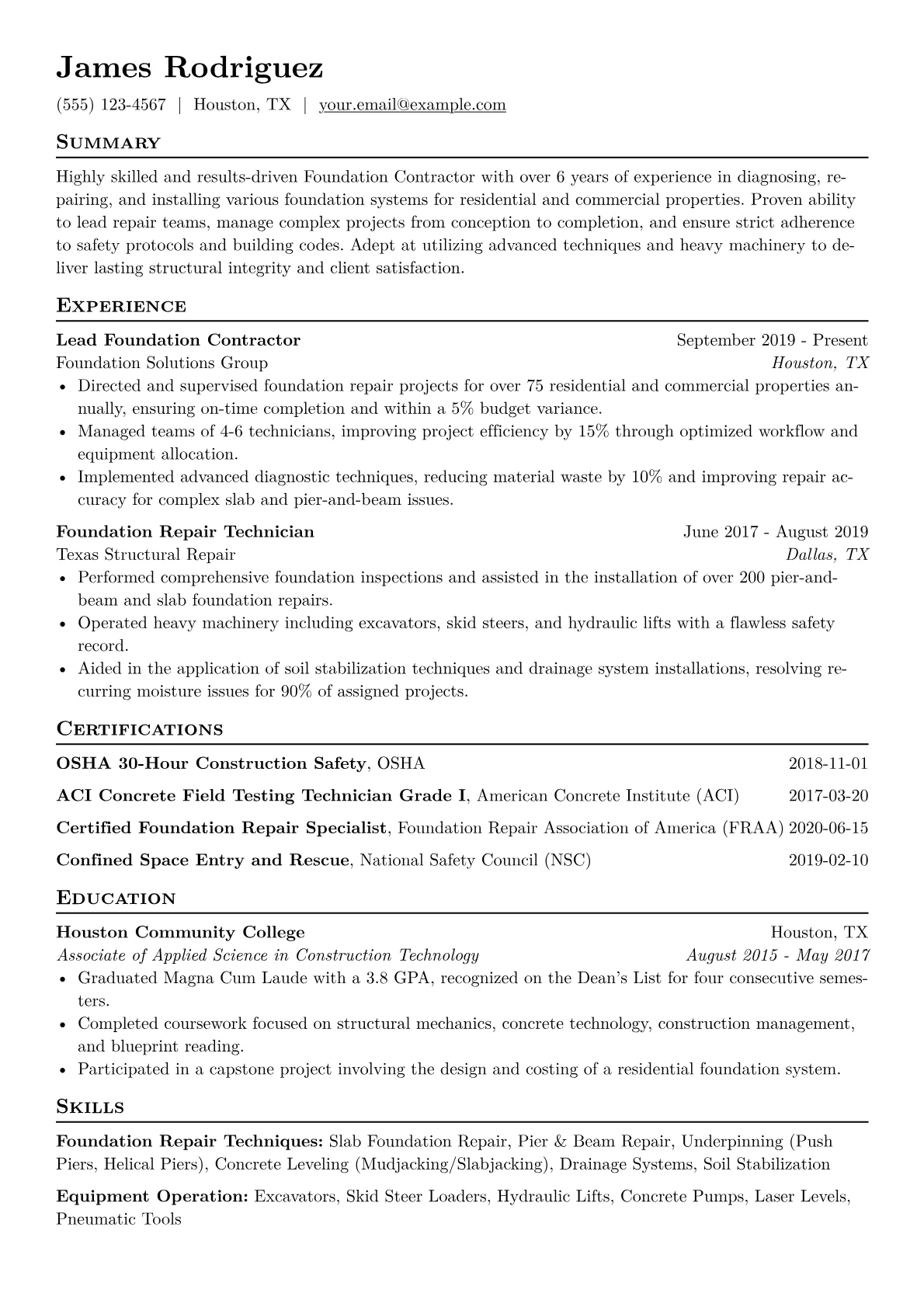 Foundation Contractor Resume Example CV template - Page 1