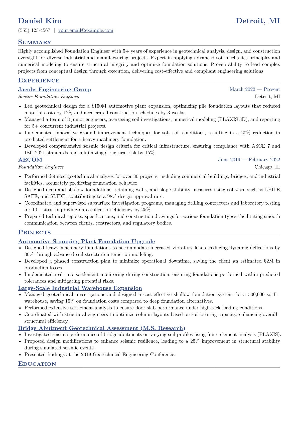 Foundation Engineer Resume Example CV template - Page 1