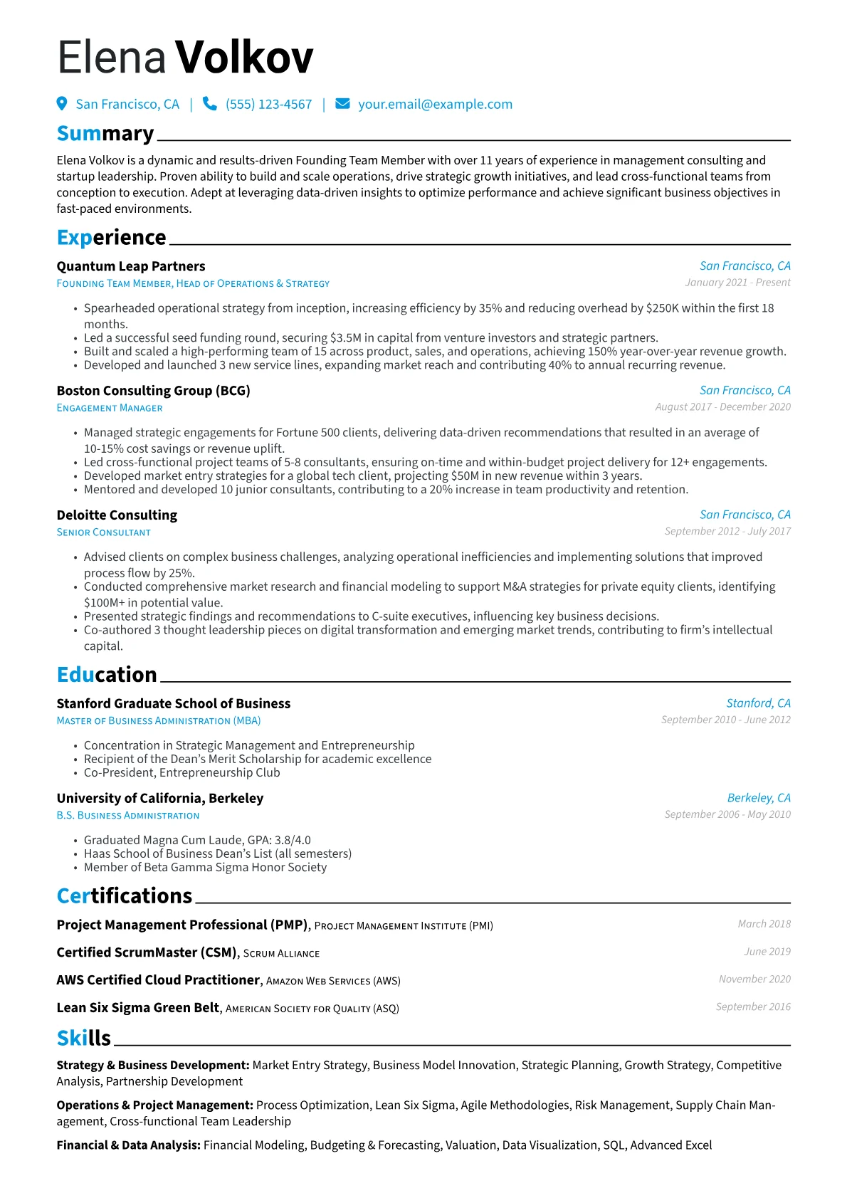 Founding Team Member Resume Example CV template - Page 1