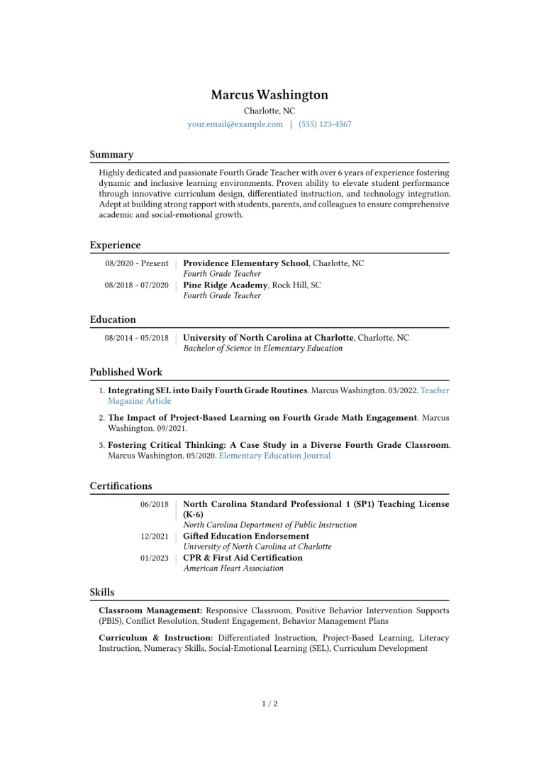 Fourth Grade Teacher Resume Example CV template preview
