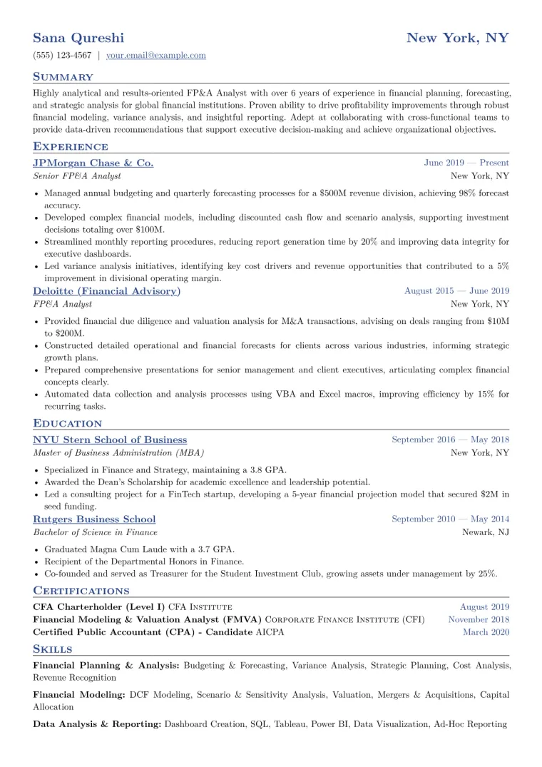 FP&A Analyst Resume Example CV template preview