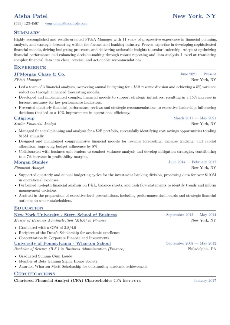 FP&A Manager Resume Example CV template preview
