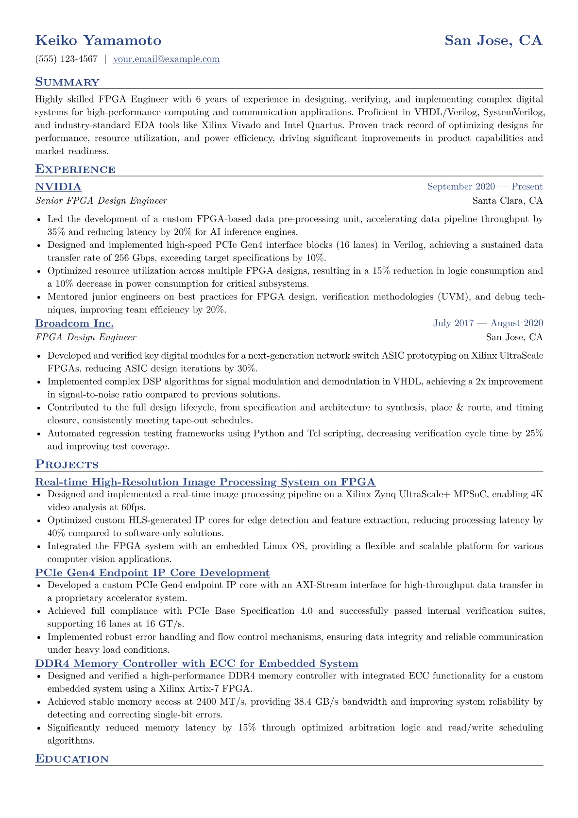 FPGA Engineer Resume Example CV template - Page 1