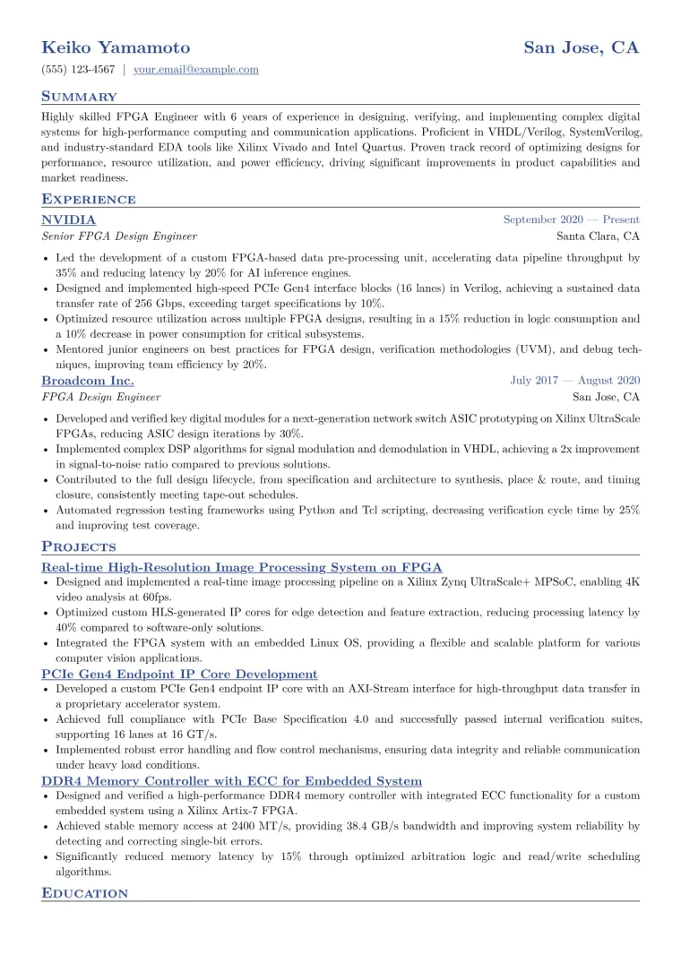 FPGA Engineer Resume Example CV template preview